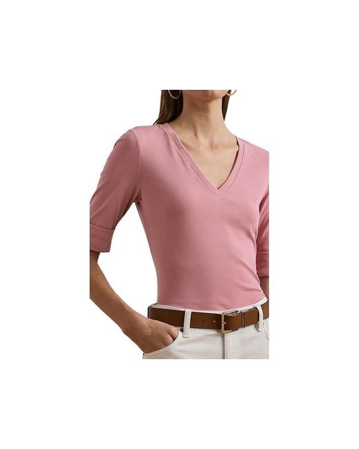 Ralph Lauren Pink Stretch Cotton Elbow-Sleeve V-Neck T-Shirts T Shirt, Cotton/Elastane