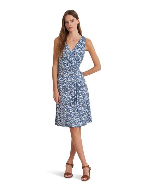 Lauren by Ralph Lauren Blue Floral Surplice Jersey Sleeveless Dress