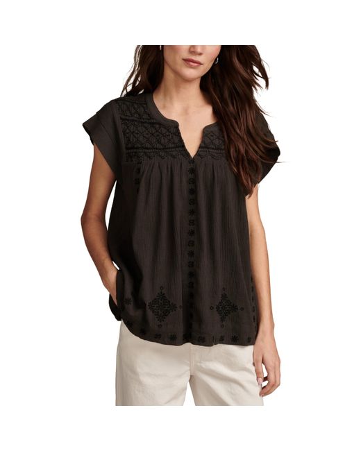 Lucky Brand Black Short Sleeve Embroidered Smocked Blouse