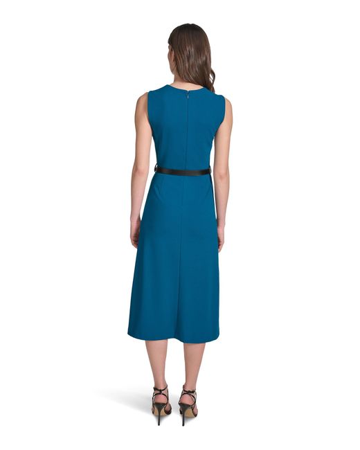 Calvin Klein Blue Sleeveless Scuba Crepe Belted Midi Dress