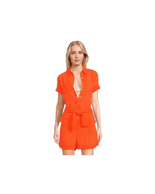 Becca Cabana Textured Button Front Romper Cover-Up Jumpsuit & Rompers One Piece, Polyester/Spandex