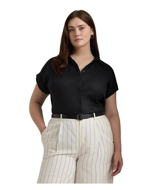 Lauren by Ralph Lauren Black Plus-size Linen Dolman-sleeve Shirt