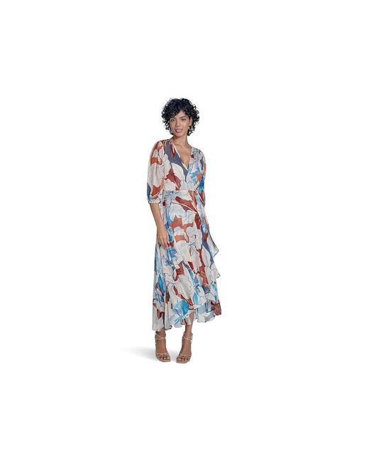 Calvin Klein Black Chiffon Puff Sleeve Faux Wrap Dress, Chiffon/Polyester