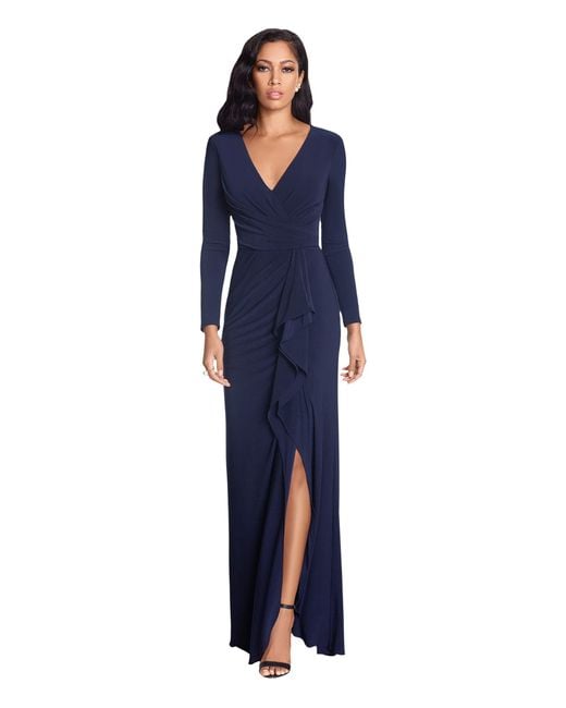 Betsy & Adam Blue Long Sleeve Jersey V-neck Ruched Gown