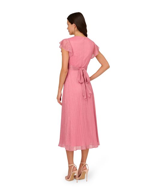 Adrianna Papell Pink Crinkle Mesh Midi Dress