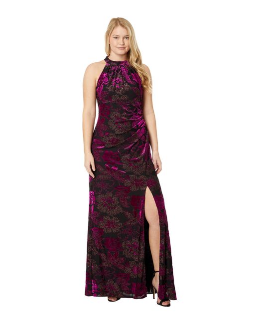 Adrianna Papell Purple Metallic Velvet Long Halter Gown