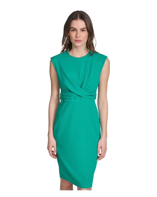 Calvin Klein Green Cap Sleeve Scuba Crepe Pleated Skirt Dress