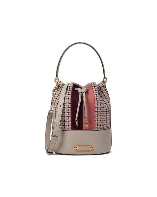 Kate Spade Red Gramercy Racing Stripe Plaid Twill Fabric Medium Bucket Bag (Mushroom Multi) Handbags