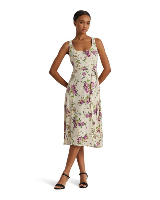Lauren by Ralph Lauren Multicolor Floral Belted Crepe Sleeveless Dress