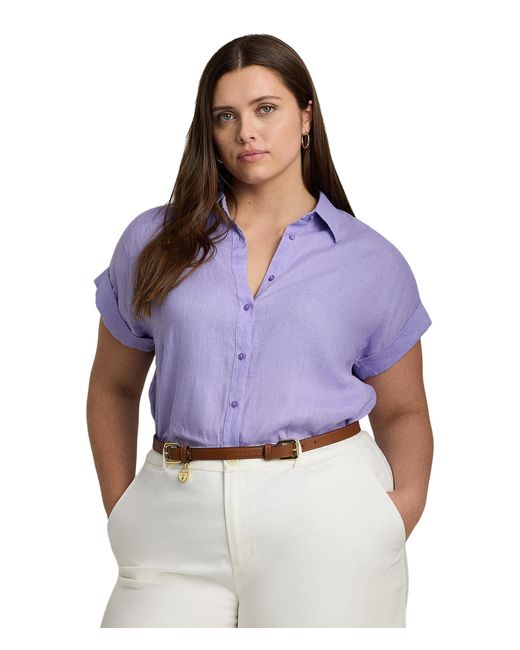 Lauren by Ralph Lauren Purple Plus-size Linen Dolman-sleeve Shirt
