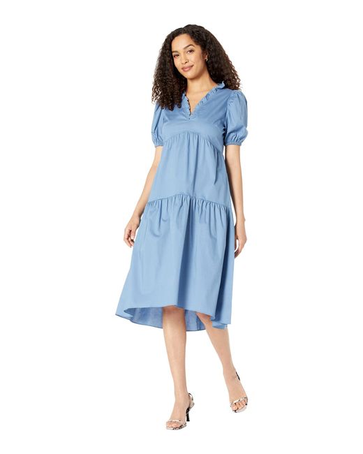 Donna Morgan Deep Ruffled V-neck Midi Dress With Skirt Tiers in Blue | Lyst