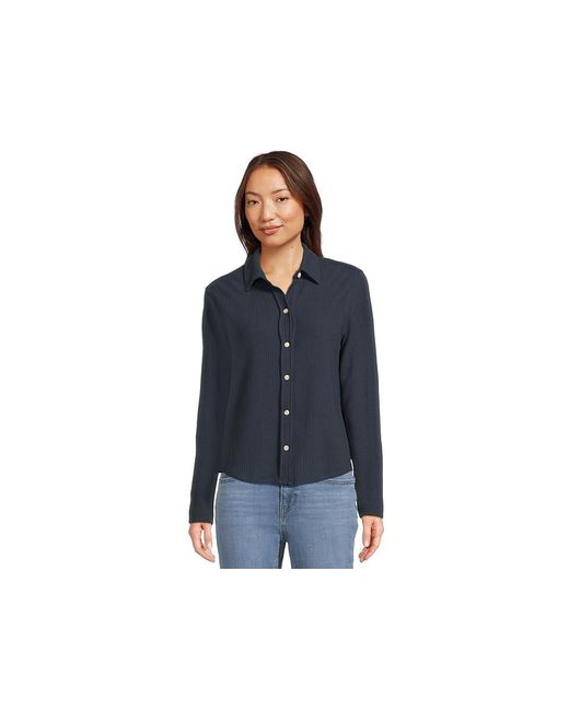 Lilla P Blue Collared Button Down Clothing, Cotton/Modal/Polyester