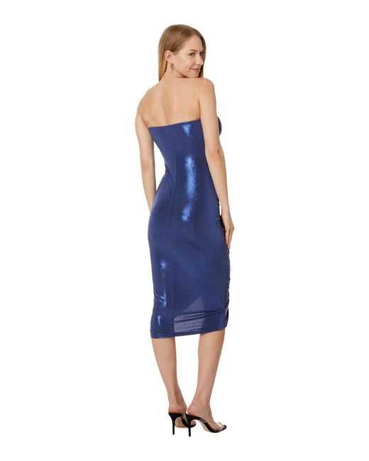 Norma Kamali Blue Strapless Shirred Front Dress To Knee