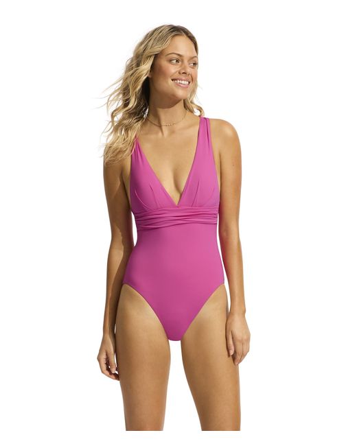 Seafolly Purple Deep V Wide Strap One-piece Swimsuit