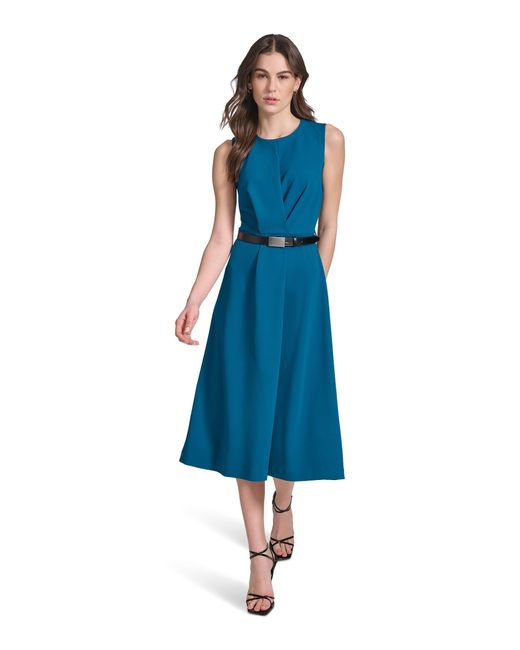 Calvin Klein Blue Sleeveless Scuba Crepe Belted Midi Dress