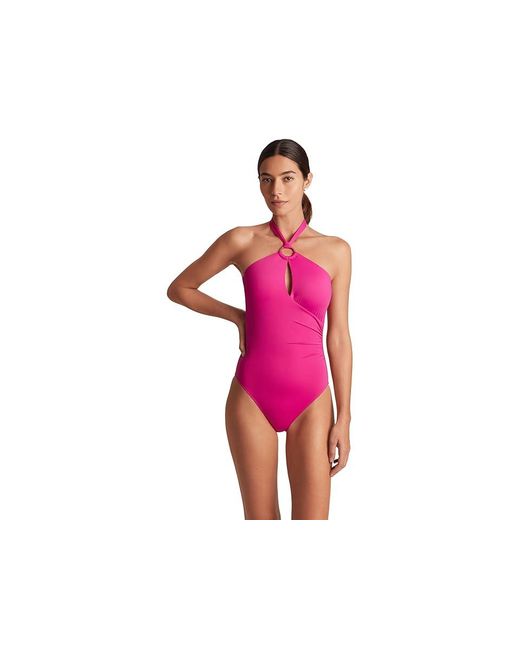 Ralph Lauren Red Beach Club Solid Macrame Ring High Neck One-Piece Swimsuits One Piece, Polyester