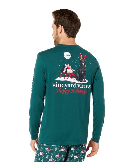 Vineyard Vines Holiday Dog Sled Long Sleeve Pocket Tee in Green for Men