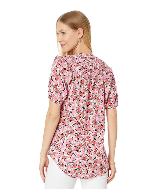 Tommy Hilfiger Red Ditsy Floral Smocked Yoke Top