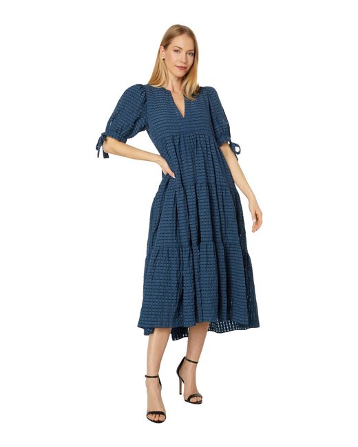 English Factory Gingham Tiered Midi Dress With Bow Tie Sleeves in Blue