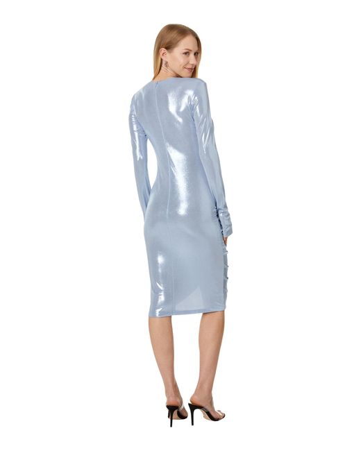 Norma Kamali Blue Long Sleeve V Neck Shirred Front Dress To Knee