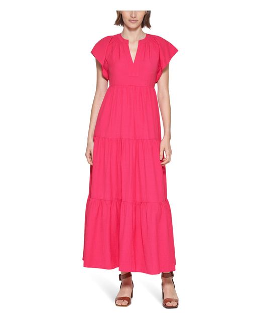 Calvin Klein Pink Petite V-neck Short-sleeve Tiered Maxi Dress
