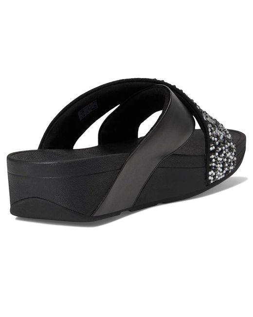Fitflop Black Lulu Crystal-Mix Metallic Cross Slides Wedge Shoes 6 M (B) Leather