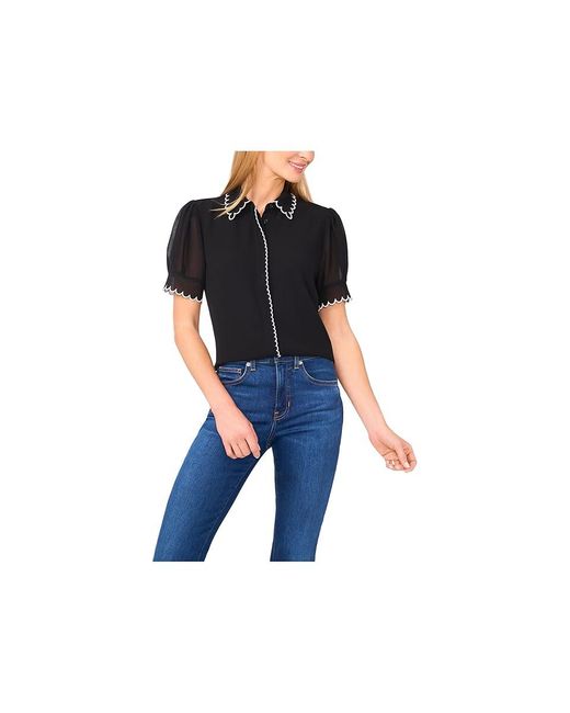 Cece Blue Short Sleeve Scallop Contrast Trim Button Up Top Clothing, Polyester
