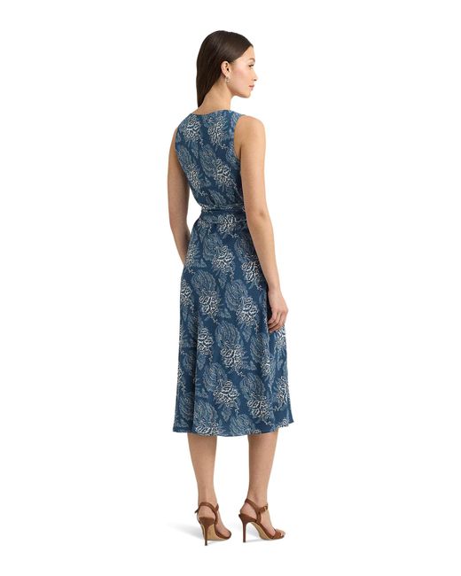 Lauren by Ralph Lauren Blue Floral Belted Crepe Sleeveless Dress