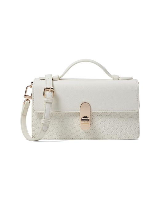 Anne Klein White E/w Embossed Logo Flap Shoulder Bag With Turn Lock