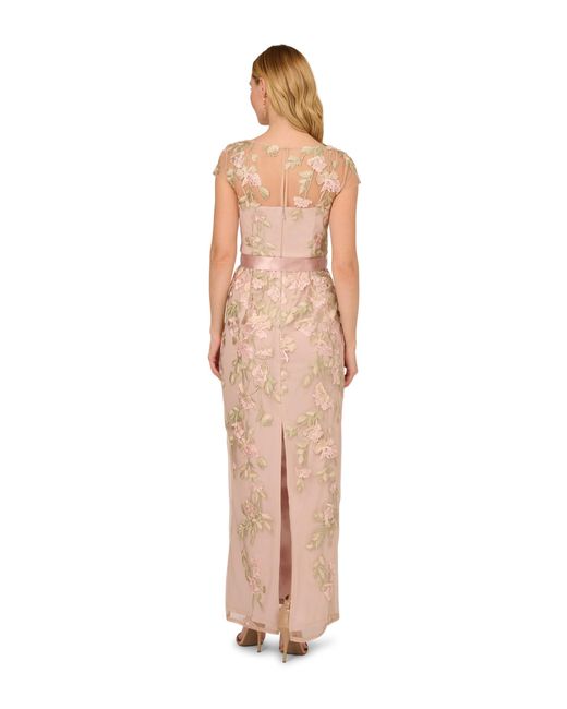 Adrianna Papell White Cascading Floral Embroidered Long Column Gown