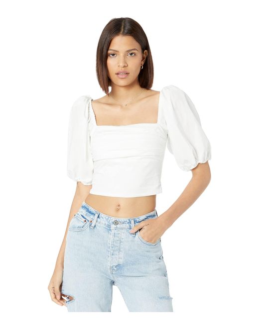 Abercrombie & Fitch Cotton Square Neck Ruched Puff Sleeve Top in White ...