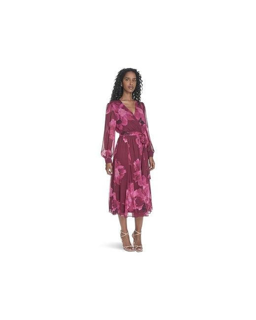 Calvin Klein Red Long Sleeve Faux Wrap V-Neck Midi Dress, Polyester