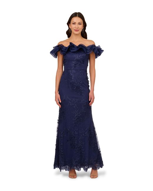 Adrianna Papell Blue Floral Ruffle Gown