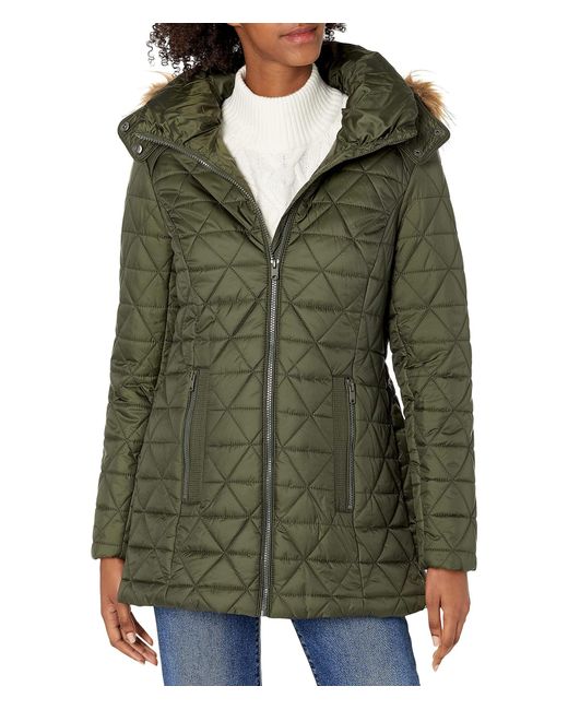 Marc New York Green Womens Chevron Quilted Down Jacket With Removable Faux Fur Hood