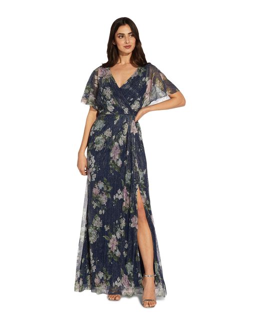 ADRIANNA PAPELL Womens Blue Zippered Sheer Chiffon Gown Floral Flutter  Sleeve Surplice Neckline Full-Length Party Dress 6 - Walmart.com