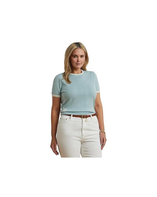 Ralph Lauren Blue Plus Size Two-Tone Short-Sleeve Sweater Sweater Aqua Pearl/Mascarpone Cream, Cotton/Modal
