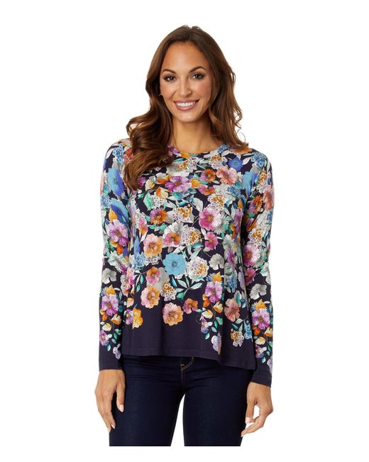 Johnny Was Fall Dance Favorite Long Sleeve Crew Neck Swing Tee in Blue