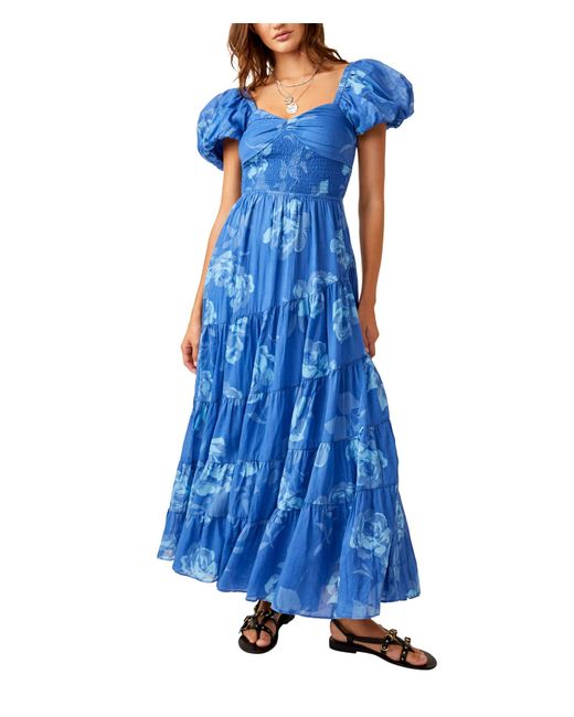 Free People Blue Short Sleeve Sundrenched Maxi Dress