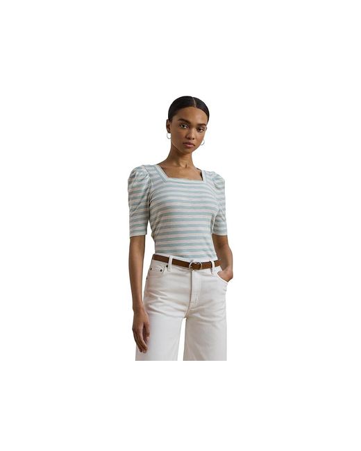 Ralph Lauren Black Petite Striped Cotton Jersey Puff-Sleeve T-Shirts Clothing Aqua Pearl/Mascarpone Cream