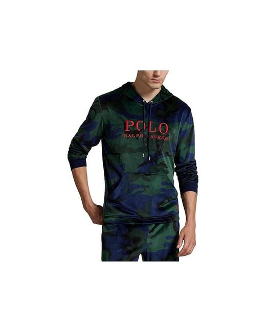 Polo Ralph Lauren Black Plush Velour Long Sleeve Hoodie Pajama, Velour/Spandex/Polyester for men