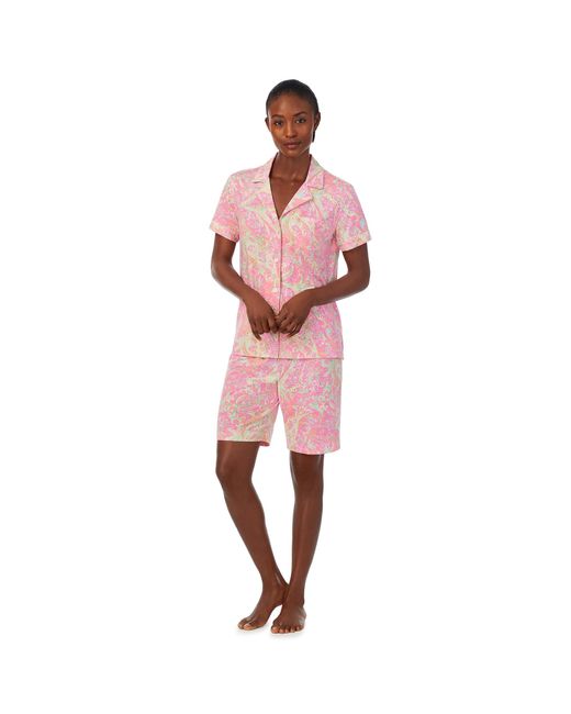 Lauren by Ralph Lauren Pink Short Sleeve Notch Collar Bermuda Pj Set