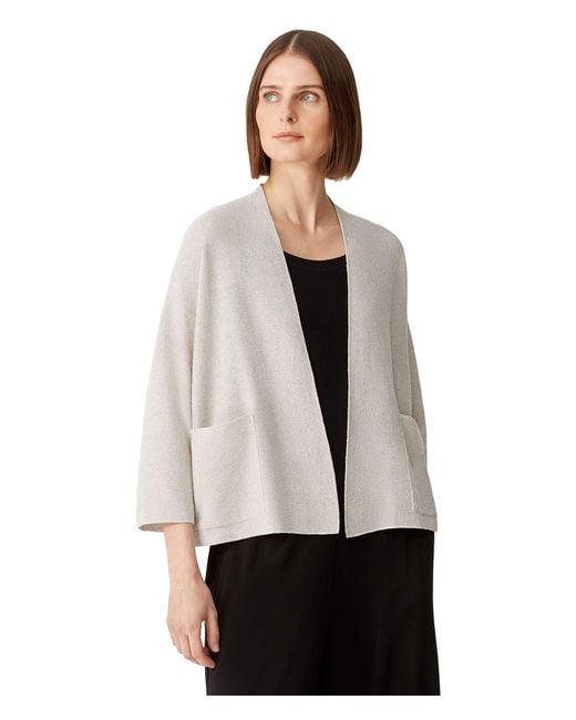 Eileen Fisher Natural Cardigan With 3/4 Sleeves In Organic Linen Cotton Twist