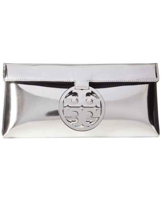 Tory Burch Miller Mirror Metallic Clutch (tory Silver) Handbags