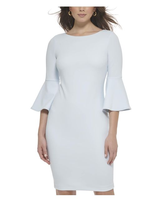 Calvin Klein Scuba Crepe Sheath Dress With Bell Sleeve in Blue | Lyst