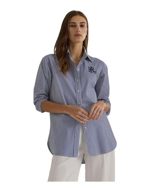 Lauren by Ralph Lauren Blue Petite Relaxed Fit Striped Stretch Cotton Shirt