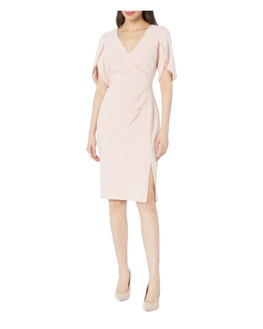 Adrianna Papell Stretch Crepe Side Ruched Dress With Pearl Trim Sleeve ...