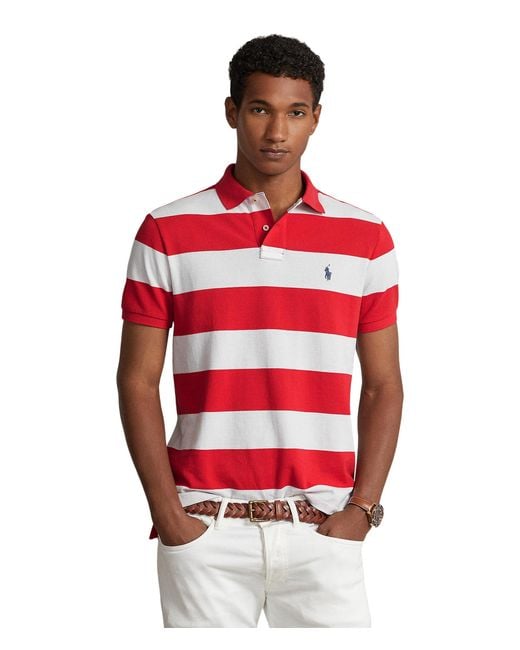Polo Ralph Lauren Red Classic Fit Striped Mesh Polo Short Sleeve Shirt for men