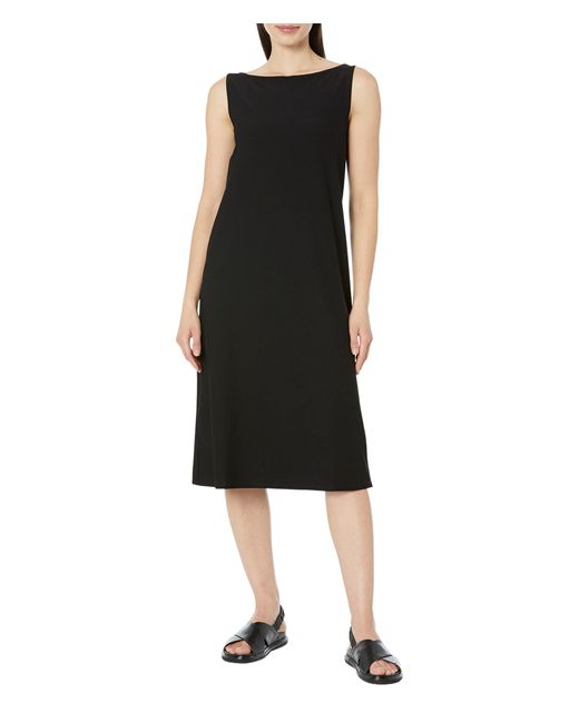 Eileen Fisher Bateau Neck Calf Length Dress in Black | Lyst