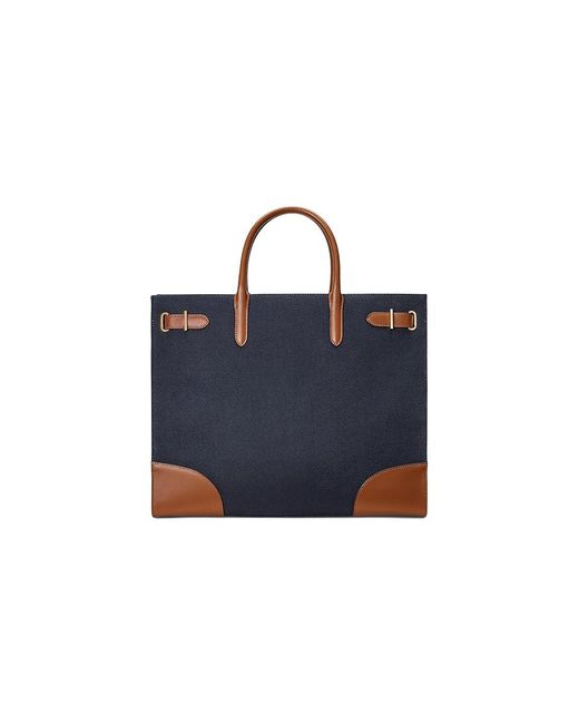 Ralph Lauren Blue Print Canvas Large Devyn Tote Bag (French/Lauren Tan) Handbags