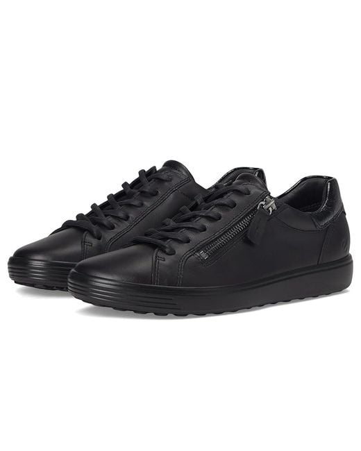 Ecco Black Soft 7 Side Zip Lace Sneakers Shoes, Leather
